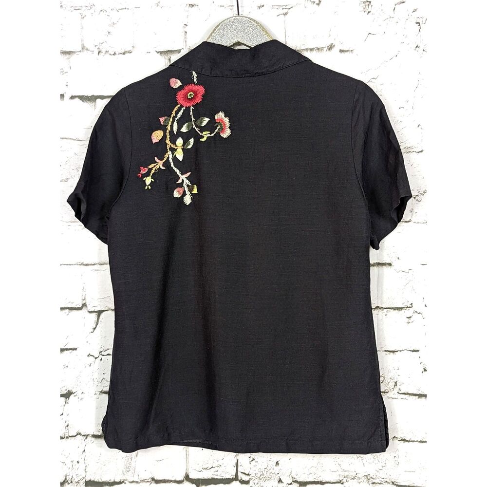VINTAGE Floral Embroidered Linen-Blend Shirt Black Cottage Boho Coastal Small - Picture 3 of 5